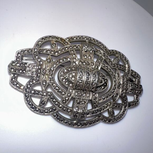 Antique Art Deco 1920s 1930s sterling silver genuine marcasite pin brooch - Picture 4 of 10